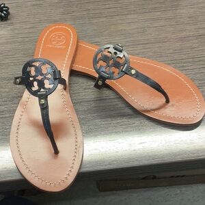 Tory Burch Black and Tan Medallion Sandals
